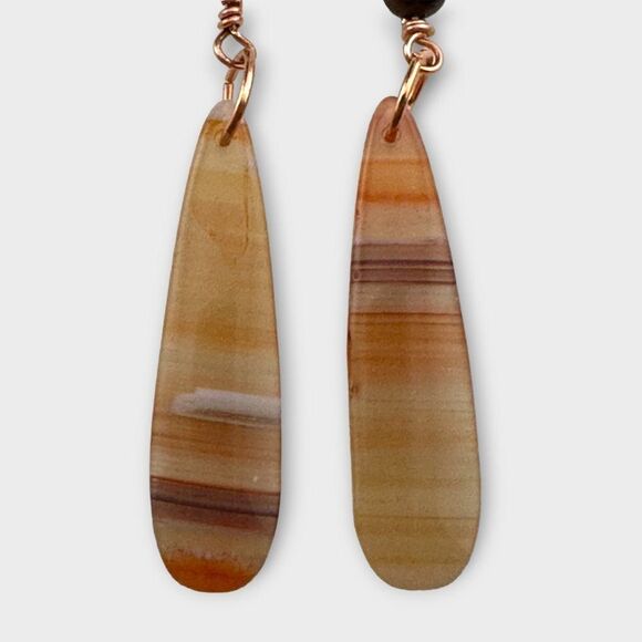 Natural Orange Sardonyx Mahogany Tiger's Eye Gemstone Earrings Copper Hooks - Picture 5 of 10